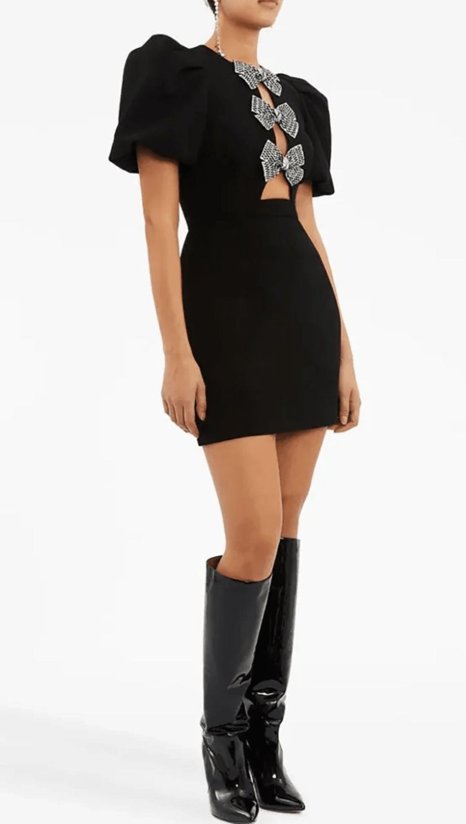 BLACK SHORT SLEEVE ROUND NECK BOW HOLLOW MINI DRESS