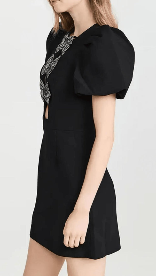 AIIZIE BLACK SHORT SLEEVE ROUND NECK BOW HOLLOW MINI DRESS - product image