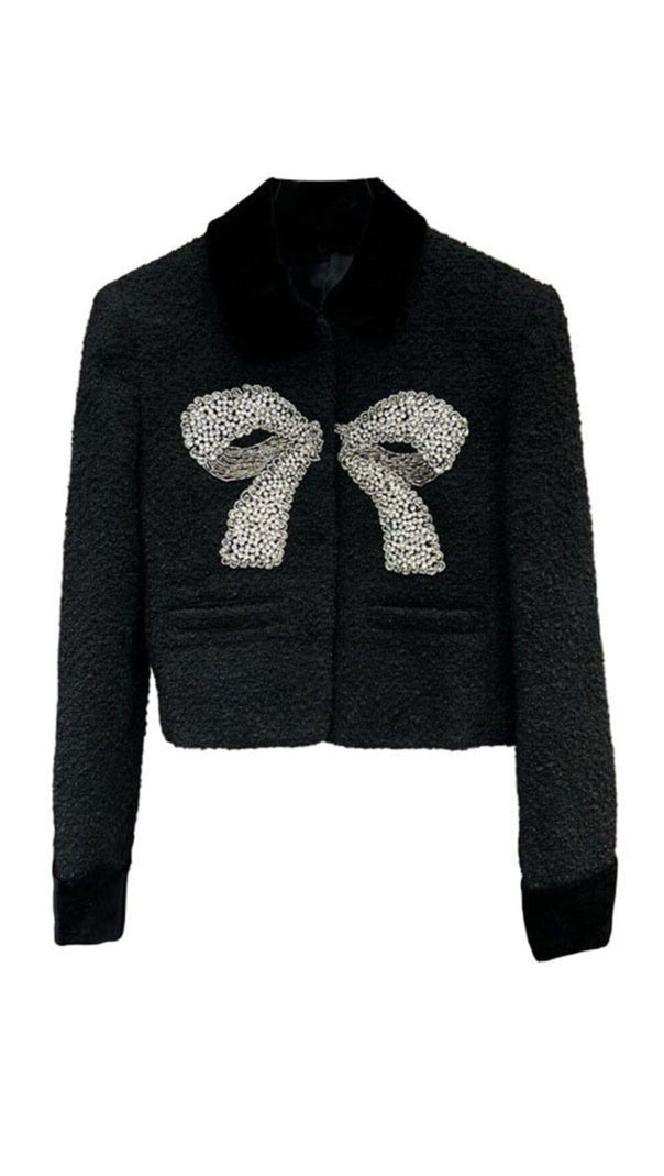 AIIZIE BLACK SMALL FRAGRANT STYLE BOW BEADED SHORT WOOLEN JACKET - product image