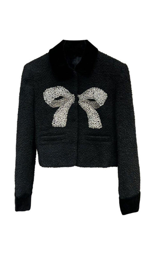 BLACK SMALL FRAGRANT STYLE BOW BEADED SHORT WOOLEN JACKET