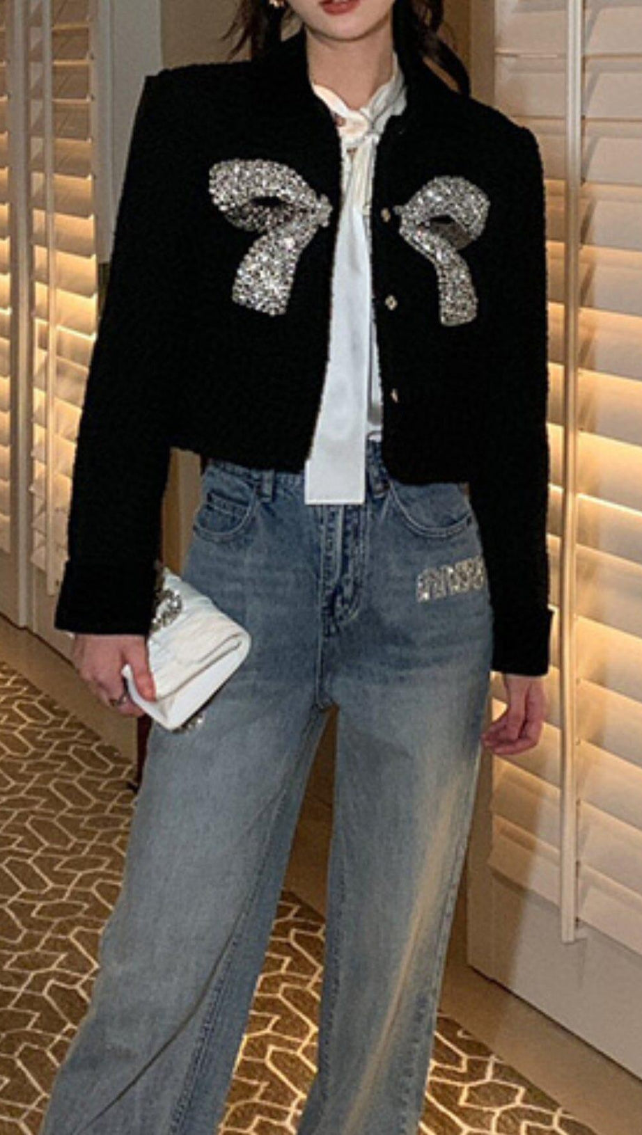 BLACK SMALL FRAGRANT STYLE BOW BEADED SHORT WOOLEN JACKET