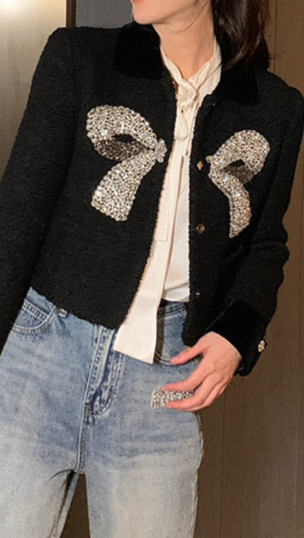 AIIZIE BLACK SMALL FRAGRANT STYLE BOW BEADED SHORT WOOLEN JACKET - product image
