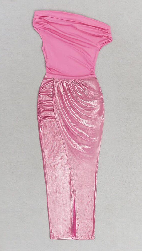 RUCHED SPLIT THIGH DRESS IN PINK