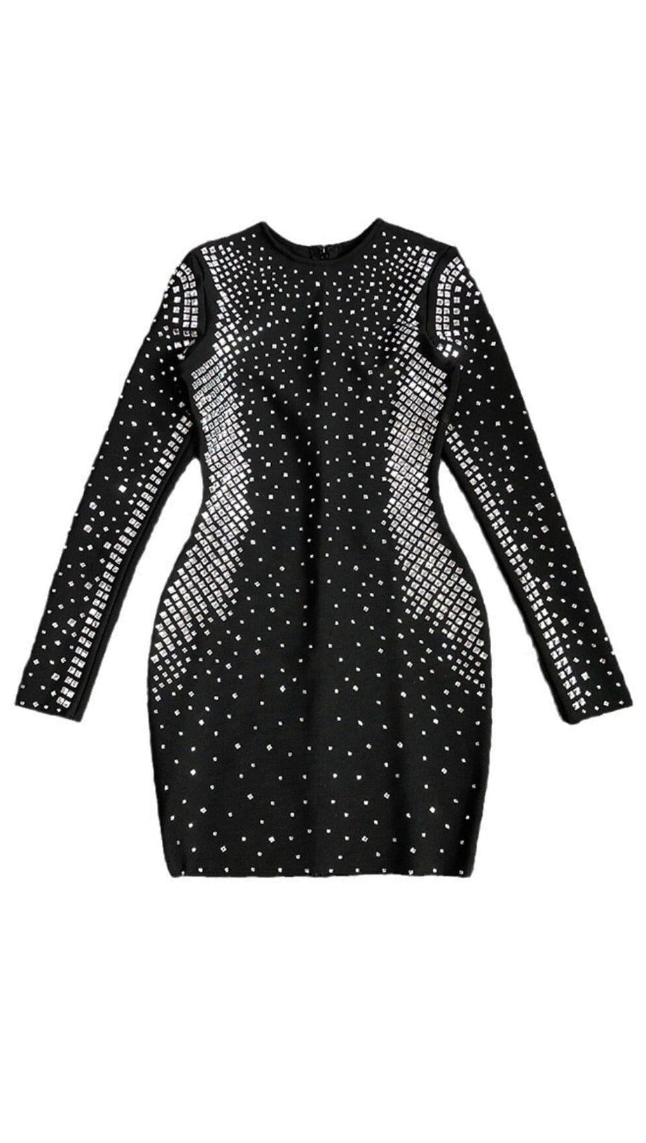 BLACK SQUARE AND RHINESTONE MESH MINI DRESS