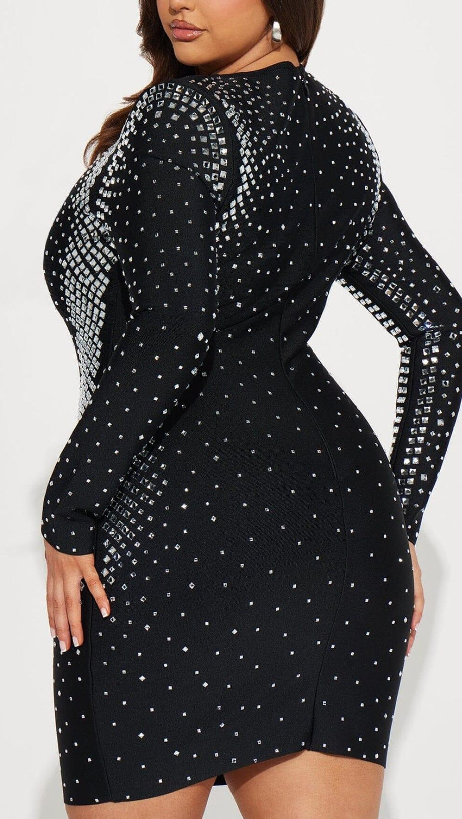 BLACK SQUARE AND RHINESTONE MESH MINI DRESS