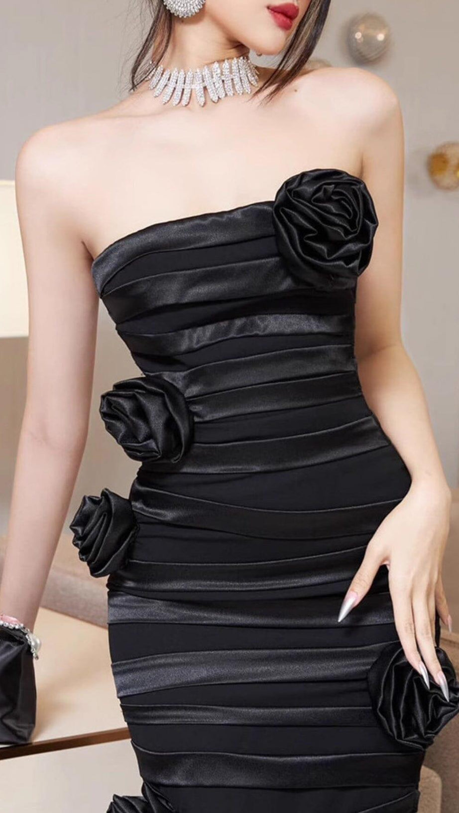 BLACK STRAPLESS FLOWER EMBELLISHED MAXI DRESS