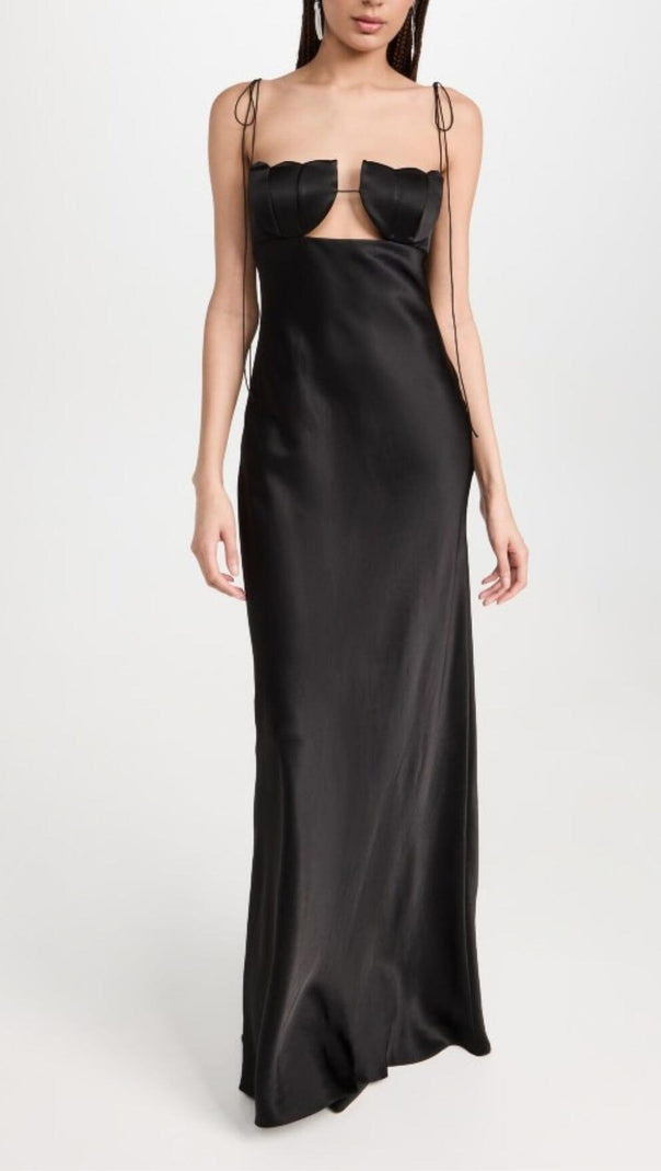 AIIZIE BLACK TULIP SATIN MAXI DRESS - product image