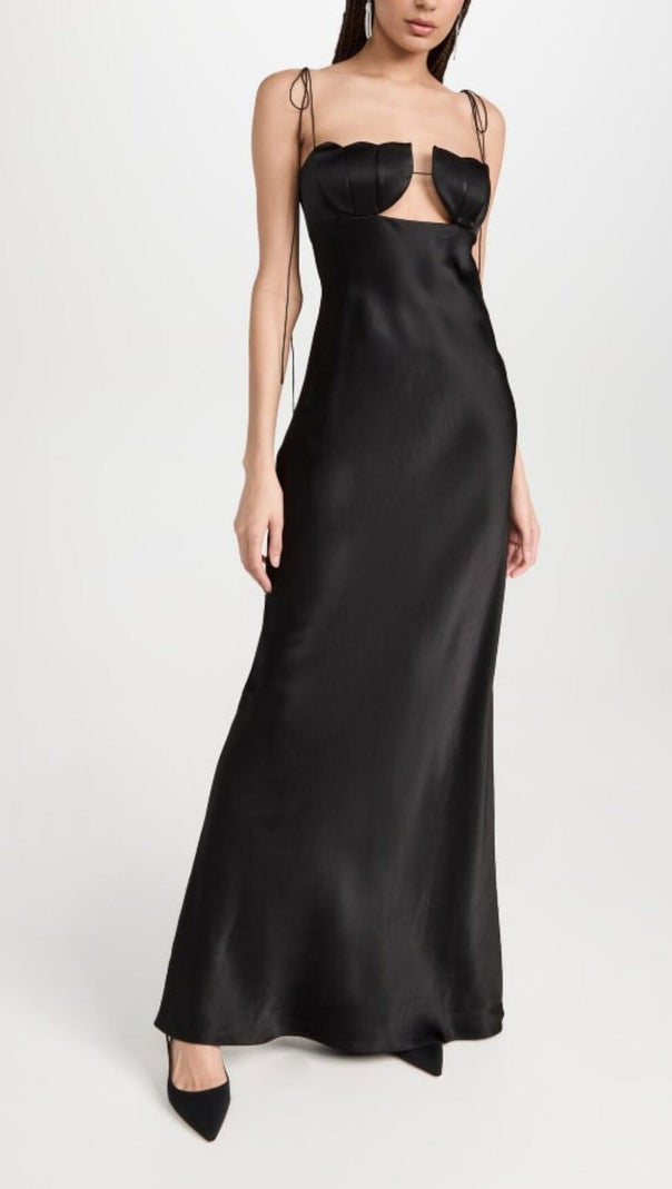 AIIZIE BLACK TULIP SATIN MAXI DRESS - product image