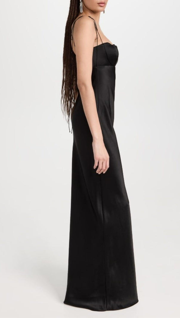 AIIZIE BLACK TULIP SATIN MAXI DRESS - product image