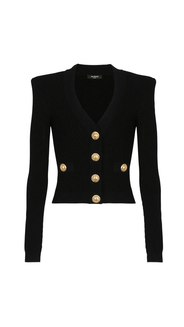 AIIZIE BLACK V NECK METAL BUTTON CROPPED KNIT CARDIGAN - product image