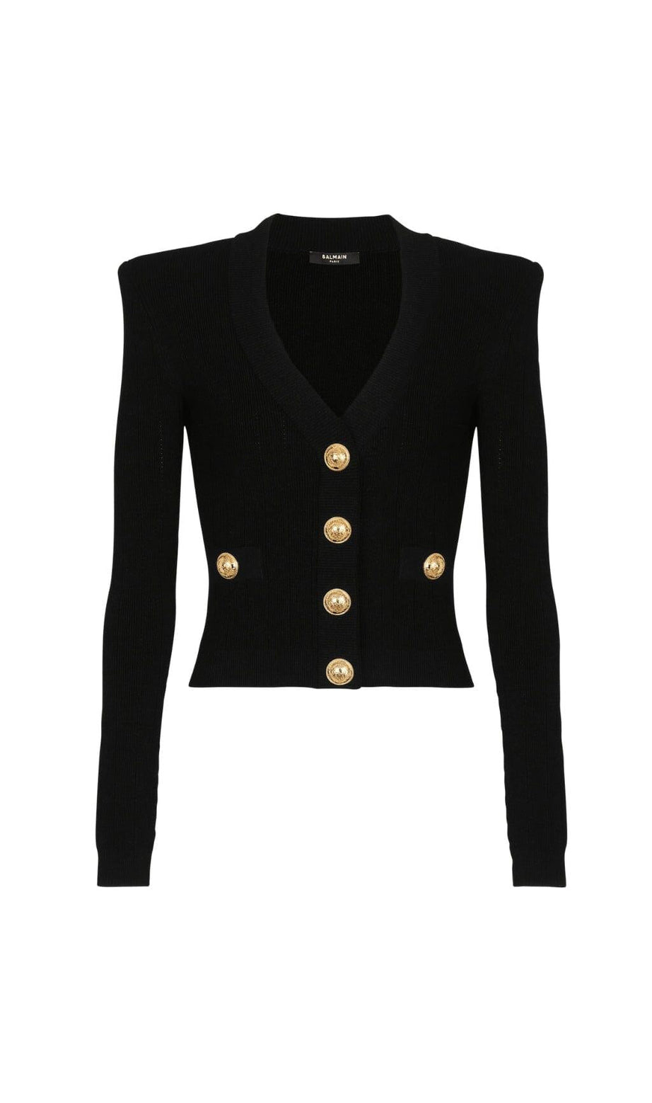 SCHWARZE KURZE STRICK-CARDIGAN MIT V-AUSSCHNITT UND METALLKNÖPFEN
