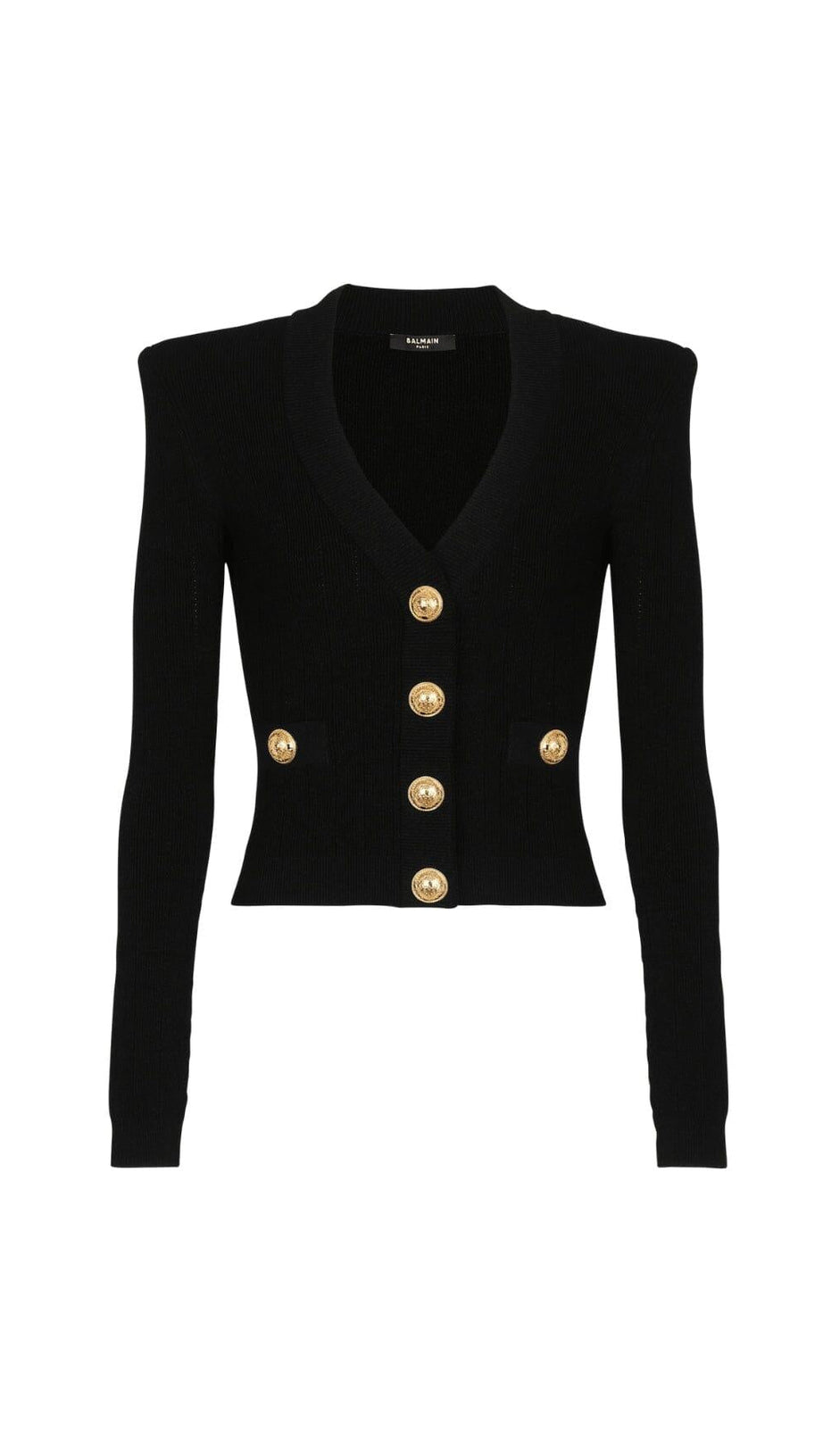 BLACK V NECK METAL BUTTON CROPPED KNIT CARDIGAN