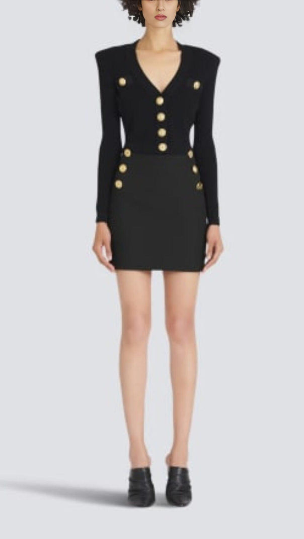 AIIZIE BLACK V NECK METAL BUTTON CROPPED KNIT CARDIGAN - product image