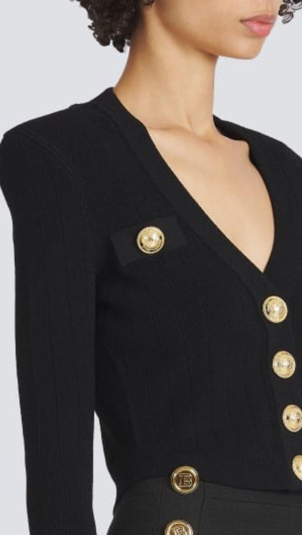 AIIZIE BLACK V NECK METAL BUTTON CROPPED KNIT CARDIGAN - product image