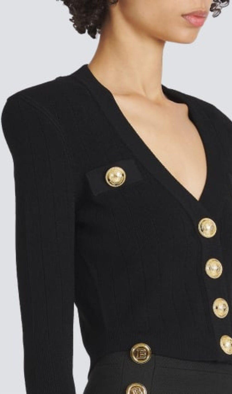 BLACK V NECK METAL BUTTON CROPPED KNIT CARDIGAN