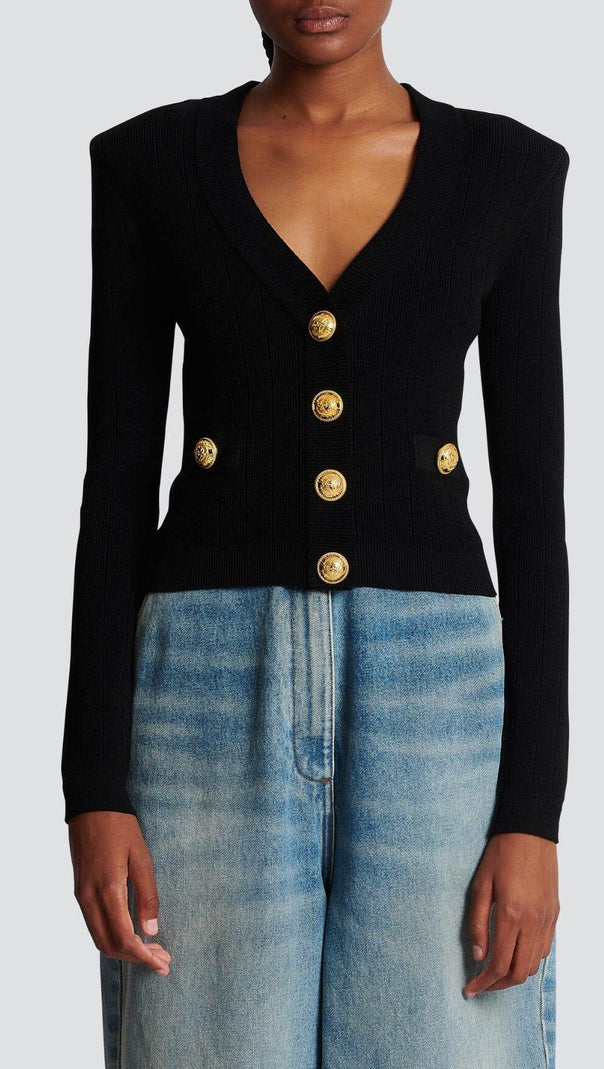 AIIZIE BLACK V NECK METAL BUTTON CROPPED KNIT CARDIGAN - product image