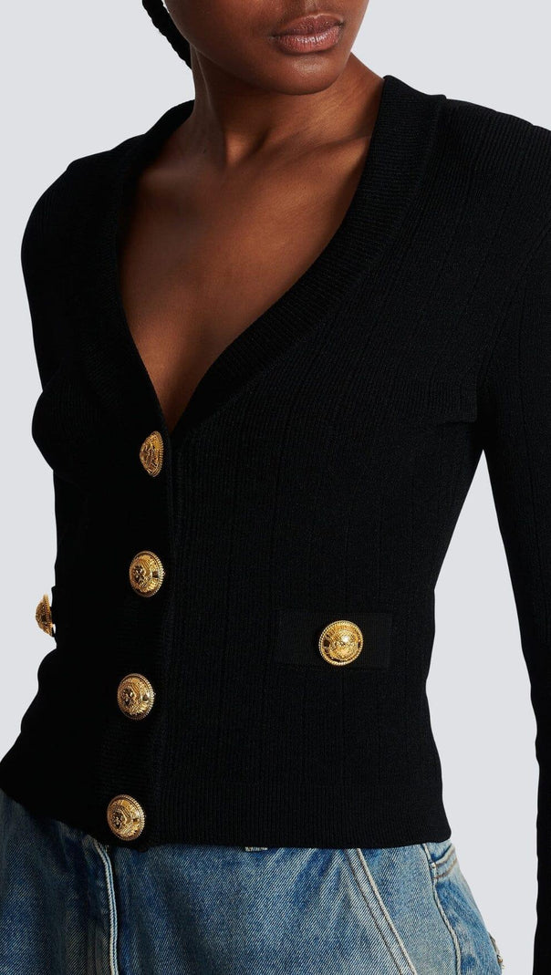 AIIZIE BLACK V NECK METAL BUTTON CROPPED KNIT CARDIGAN - product image