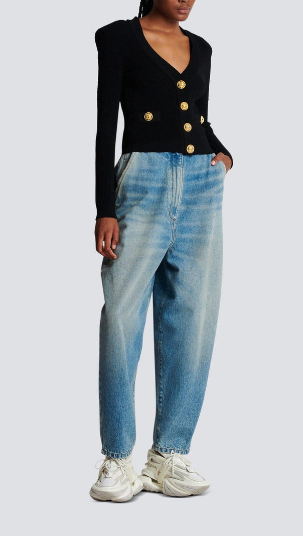 AIIZIE BLACK V NECK METAL BUTTON CROPPED KNIT CARDIGAN - product image