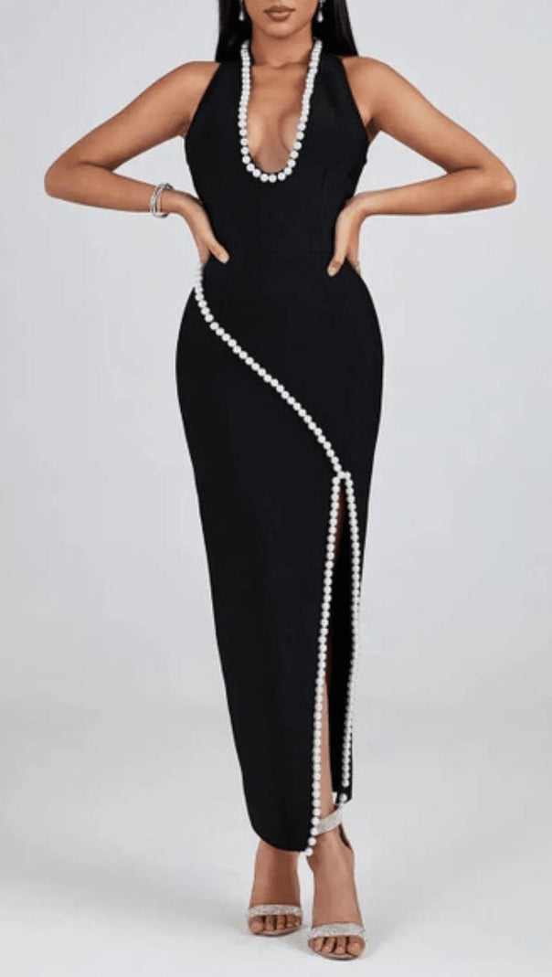 AIIZIE BLACK V NECK SLIT PEARL MIDI DRESS - product image