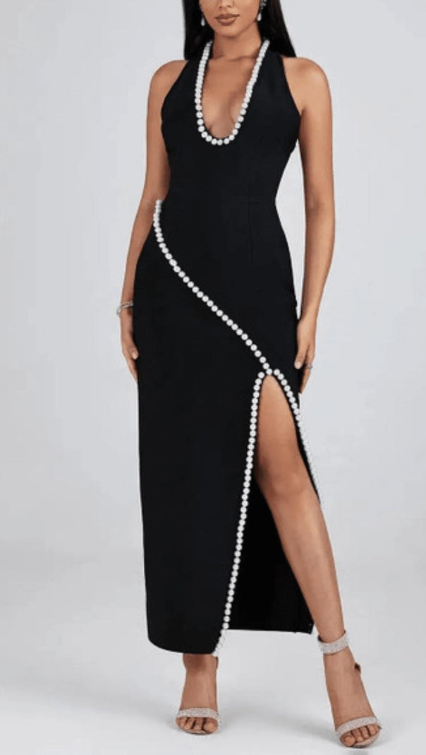 AIIZIE BLACK V NECK SLIT PEARL MIDI DRESS - product image