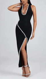 BLACK V NECK SLIT PEARL MIDI DRESS