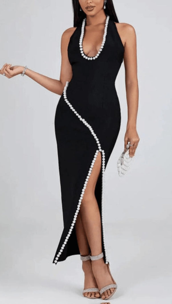 AIIZIE BLACK V NECK SLIT PEARL MIDI DRESS - product image