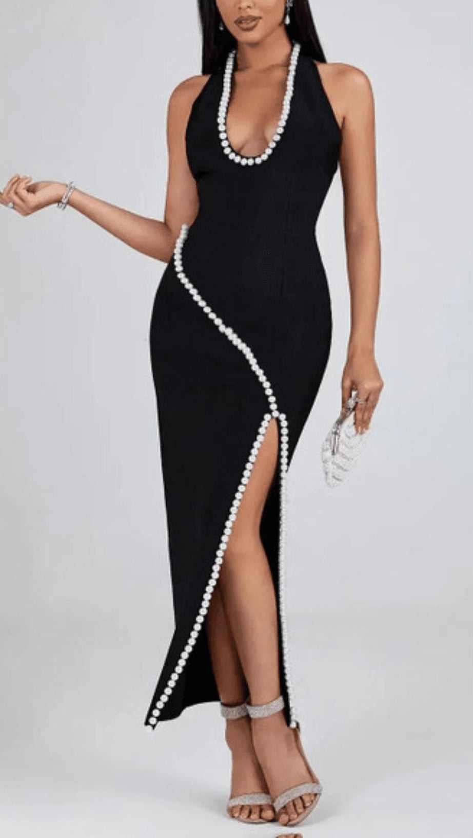 BLACK V NECK SLIT PEARL MIDI DRESS