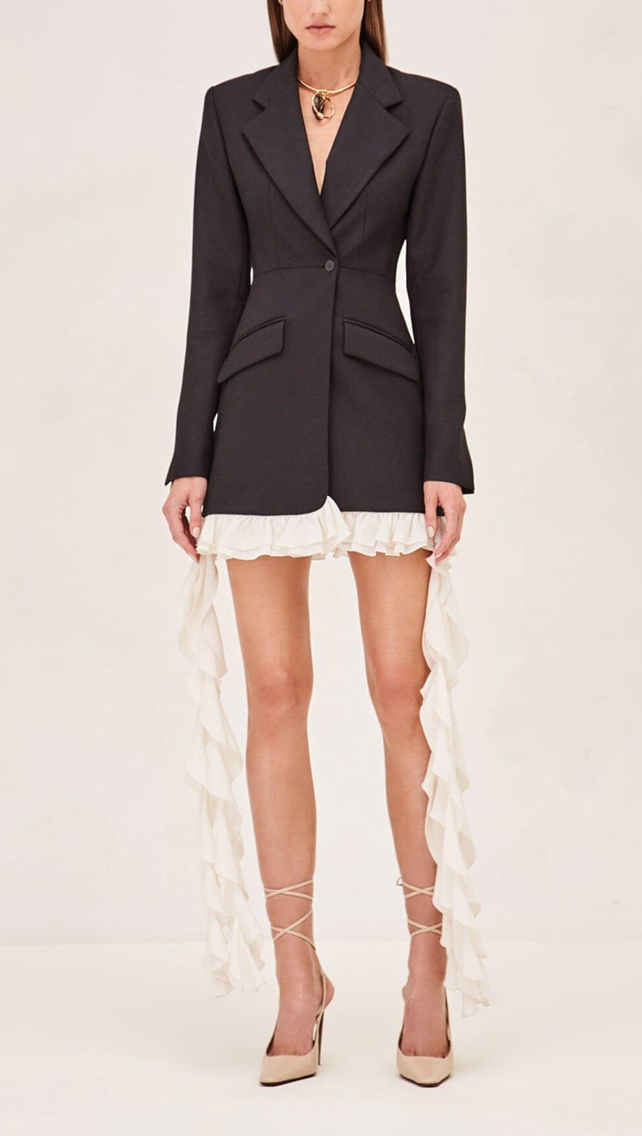 BLACK V-NECK LONG-SLEEVED TEMPERAMENT DRAPE SUIT SKIRT