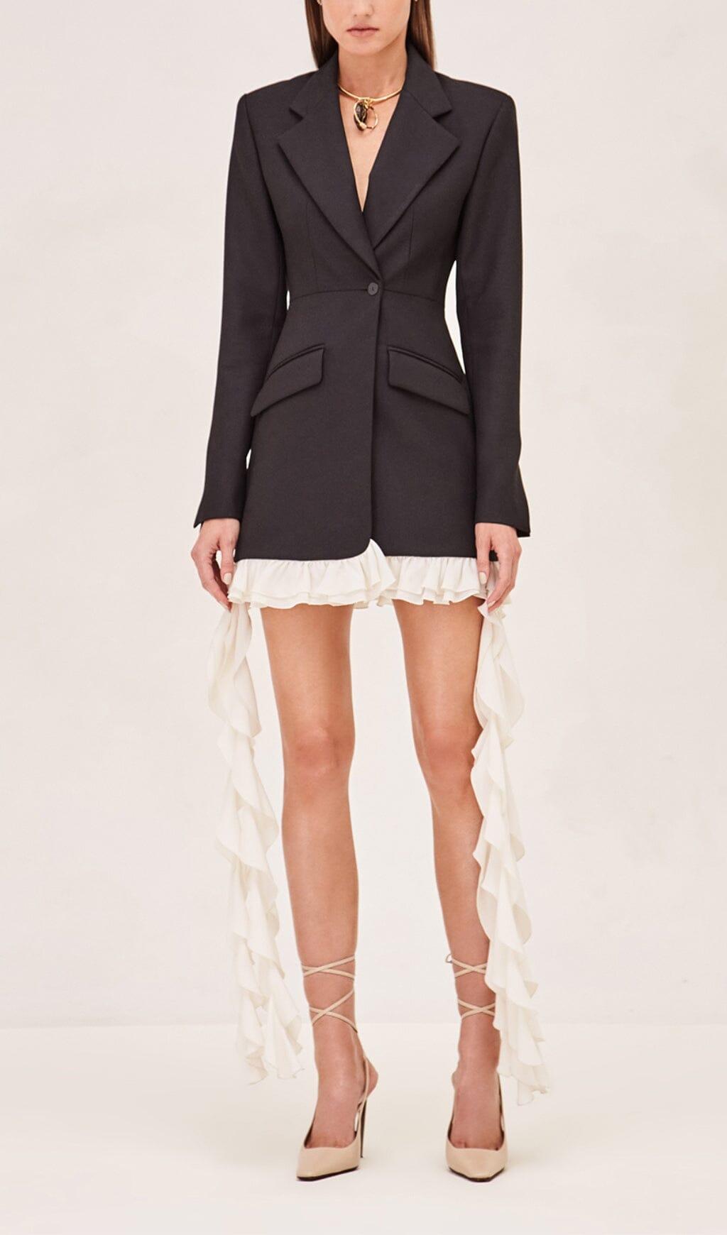 AIIZIE BLACK V-NECK LONG-SLEEVED TEMPERAMENT DRAPE SUIT SKIRT - product image