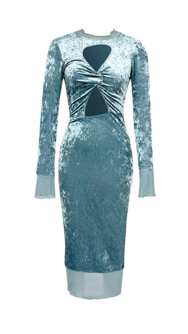AIIZIE BLUE LONG-SLEEVED HOLLOW VELVET TIGHT HIP DRESS - product image