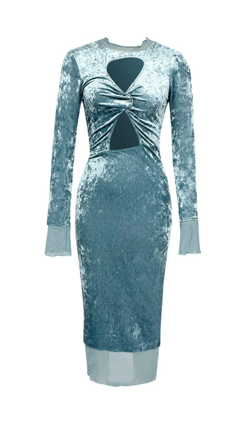 BLAUES LANGÄRMELIGES, ENGES HÜFTKLEID AUS HOHLSAMT