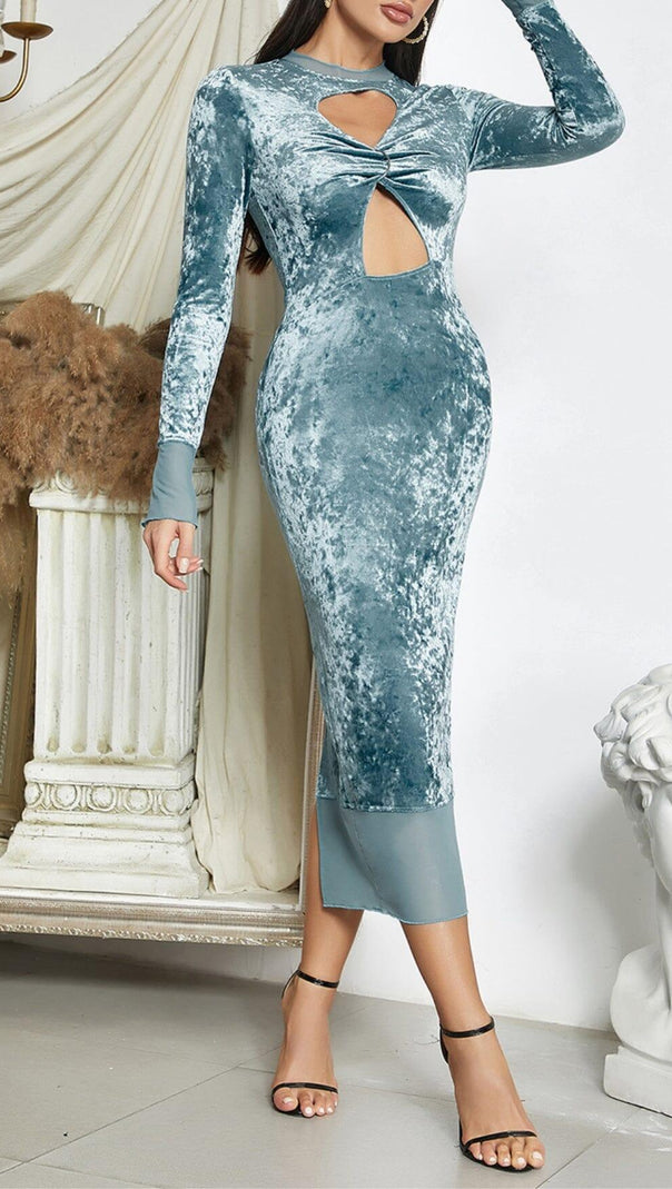 AIIZIE BLUE LONG-SLEEVED HOLLOW VELVET TIGHT HIP DRESS - product image