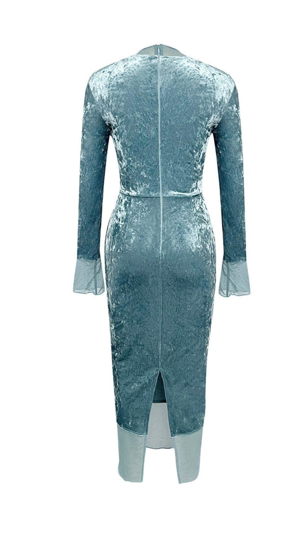AIIZIE BLUE LONG-SLEEVED HOLLOW VELVET TIGHT HIP DRESS - product image