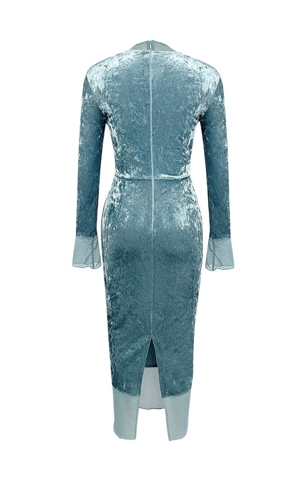 AIIZIE BLUE LONG-SLEEVED HOLLOW VELVET TIGHT HIP DRESS - product image