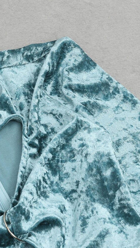 BLUE LONG-SLEEVED HOLLOW VELVET TIGHT HIP DRESS