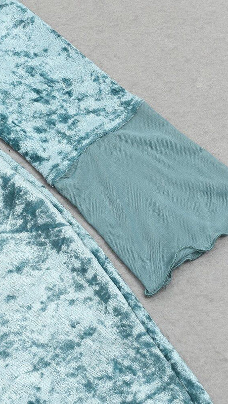 BLUE LONG-SLEEVED HOLLOW VELVET TIGHT HIP DRESS