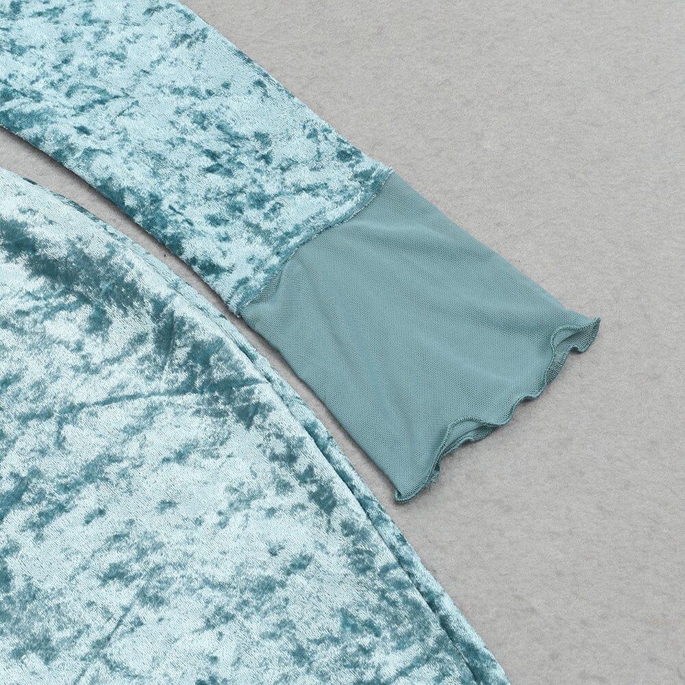 AIIZIE BLUE LONG-SLEEVED HOLLOW VELVET TIGHT HIP DRESS - product image