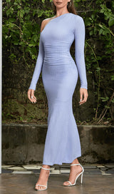 BLUE OFF-SHOULDER LONG-SLEEVED BODYCON MAXI DRESS