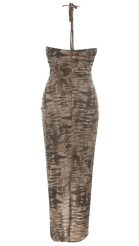 HALTER MAXI PRINT DRESS IN BROWN