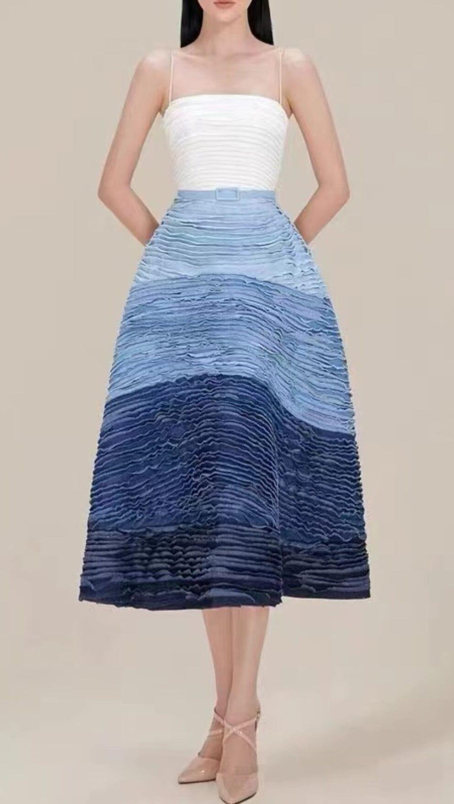 BLUE RIPPLE SUSPENDER MIDI DRESS