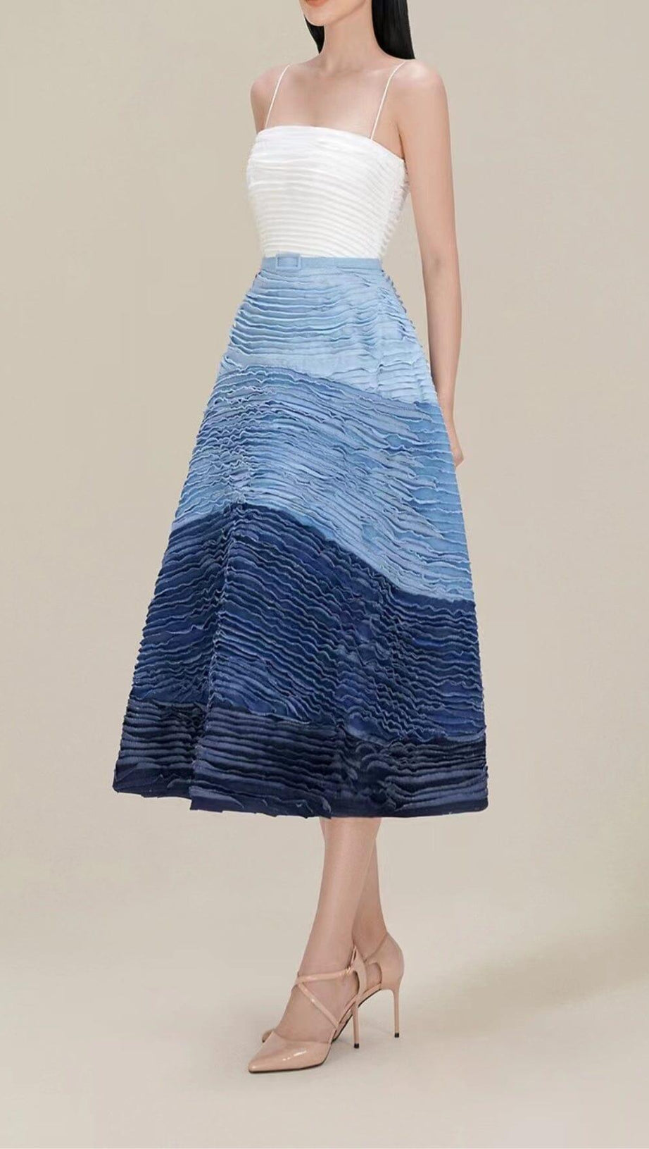 BLUE RIPPLE SUSPENDER MIDI DRESS