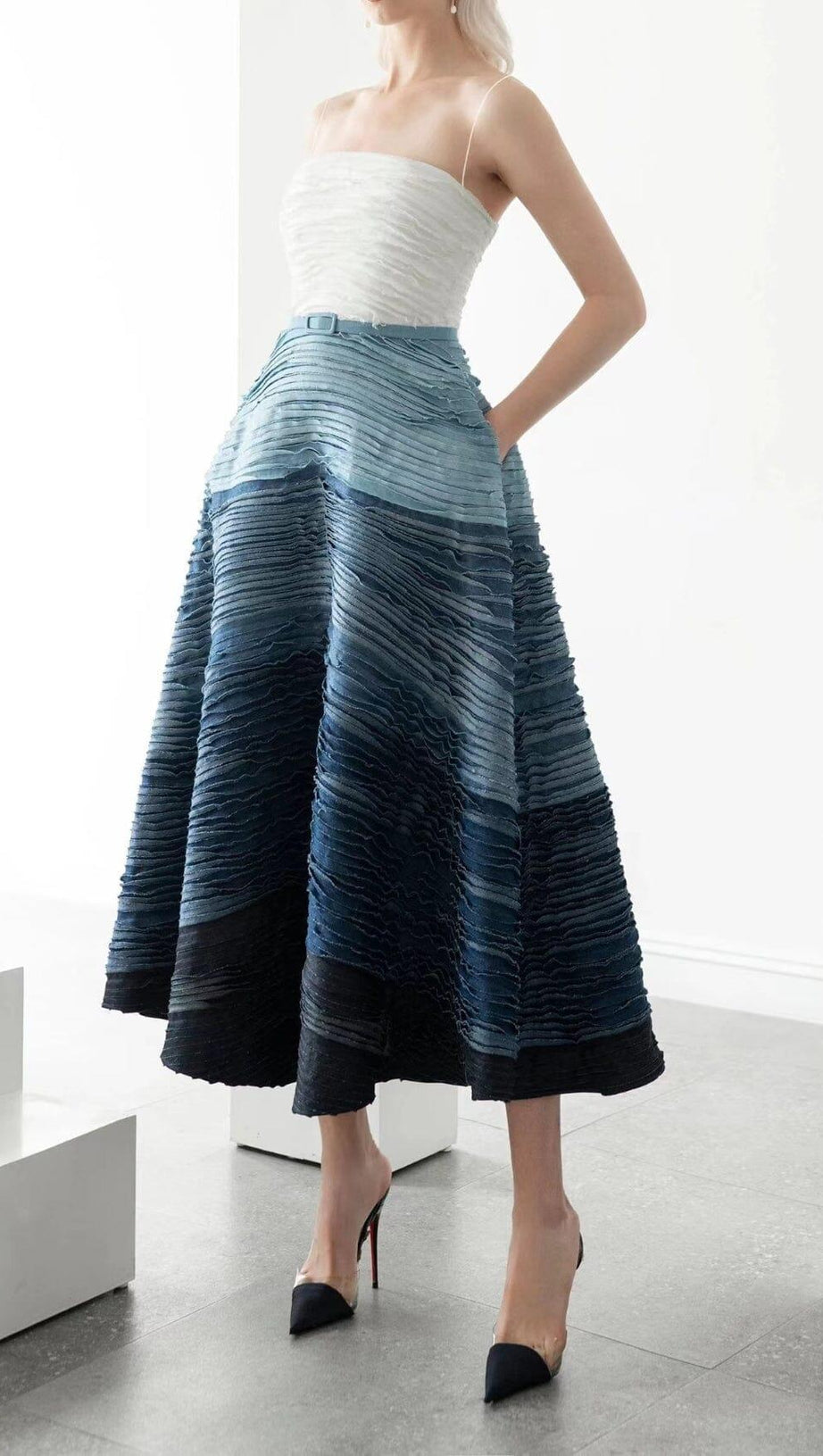 BLUE RIPPLE SUSPENDER MIDI DRESS