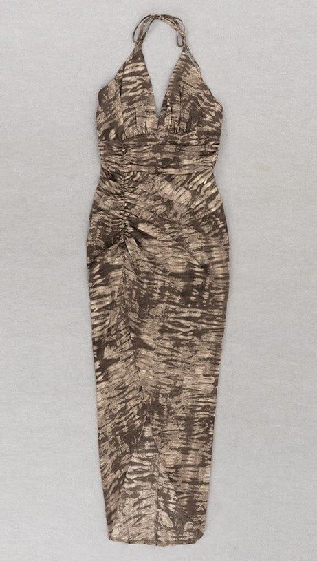 HALTER MAXI PRINT DRESS IN BROWN