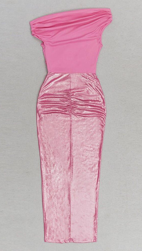 RUCHED SPLIT THIGH DRESS IN PINK