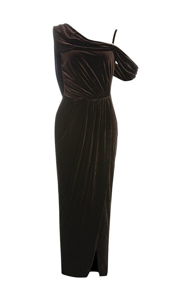 AIIZIE CHESTNUT ONE-SHOULDER BACKLESS BODYCON VELVET PLEATED MAXI DRESS - product image