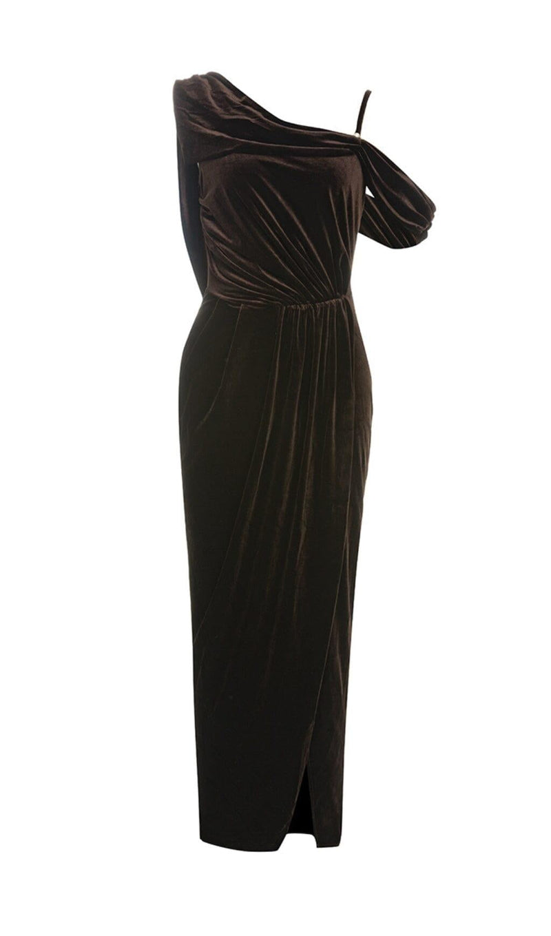 CHESTNUT ONE-SHOULDER BACKLESS BODYCON VELVET PLEATED MAXI DRESS