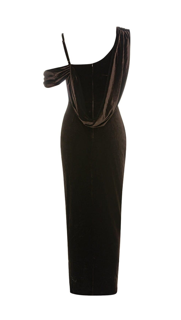AIIZIE CHESTNUT ONE-SHOULDER BACKLESS BODYCON VELVET PLEATED MAXI DRESS - product image