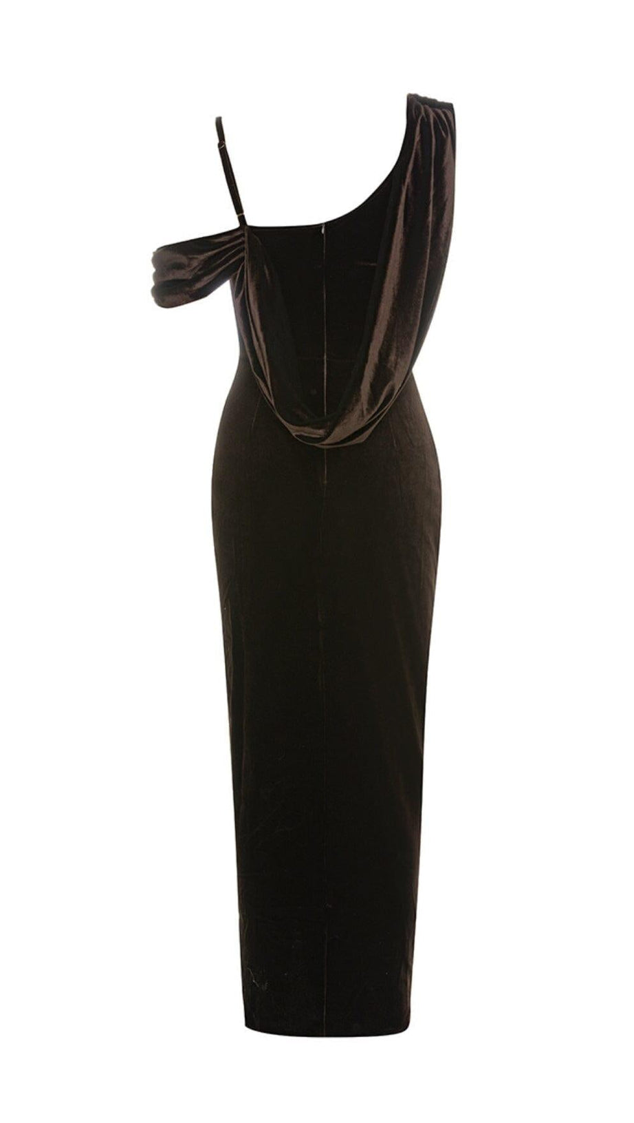 CHESTNUT ONE-SHOULDER BACKLESS BODYCON VELVET PLEATED MAXI DRESS