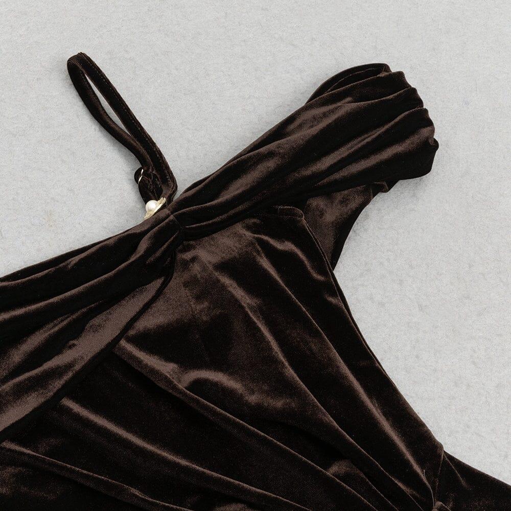 AIIZIE CHESTNUT ONE-SHOULDER BACKLESS BODYCON VELVET PLEATED MAXI DRESS - product image