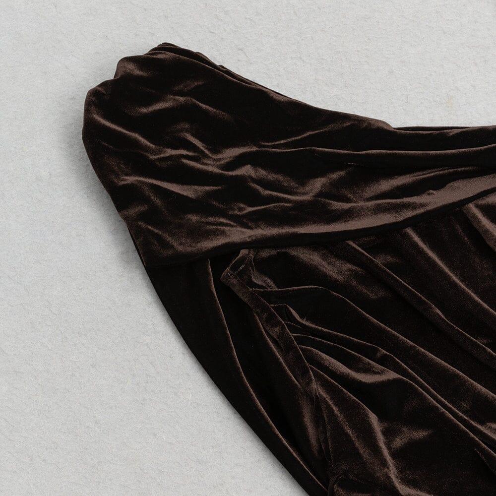 AIIZIE CHESTNUT ONE-SHOULDER BACKLESS BODYCON VELVET PLEATED MAXI DRESS - product image